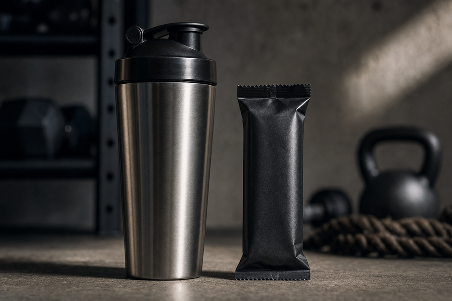 A shaker bottle and a protein bar side by side