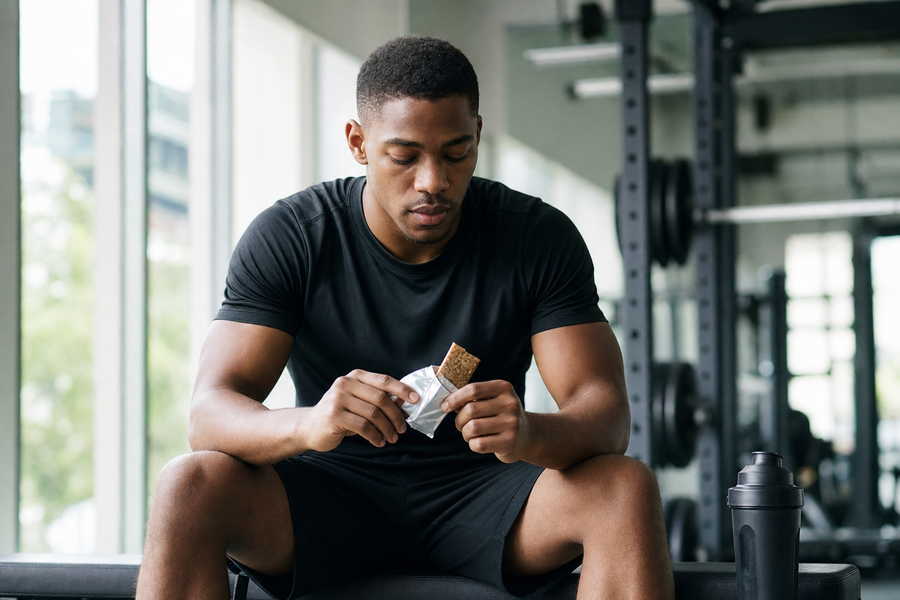 Person unwrapping a protein bar after a gym session