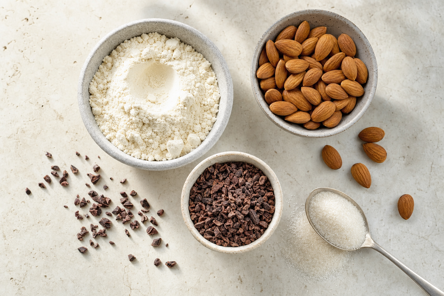 Protein bar ingredients laid out on a stone surface