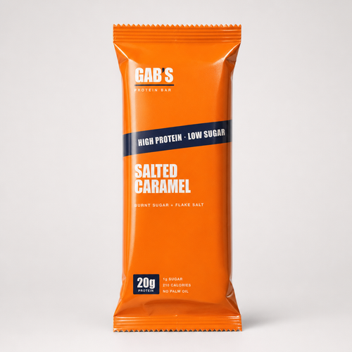 Gab's Salted Caramel protein bar in orange foil wrapper