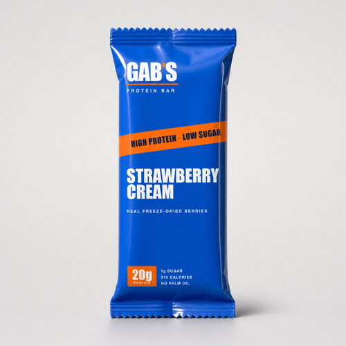 Gab's Strawberry Cream protein bar in blue foil wrapper
