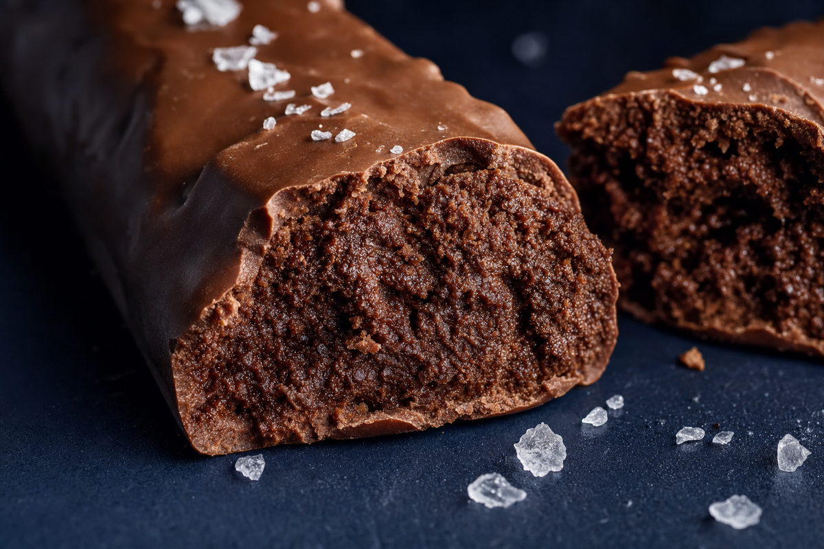 Double Chocolate protein bar broken open to show its fudgy center