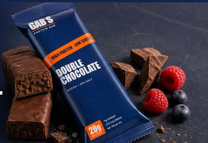 Gab’s Double Chocolate protein bar with a soft fudgy centre